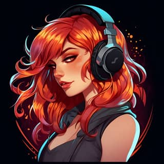 Make an extremely detailed logo image for a profile for a gaming and opinion channel about a red-haired girl with bangs fair