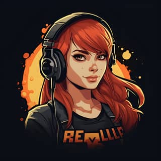 Make an extremely detailed logo image for a profile of a gaming and opinion channel about a red-haired girl with bangs fair