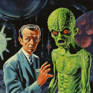 Deux hommes en costumes debout à côté d'un extraterrestre dans un style Wally Wood et Norman Saunders.