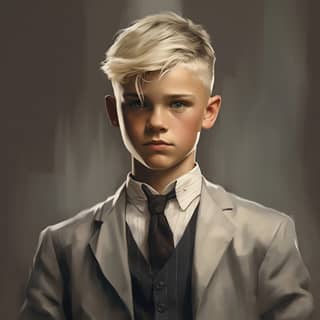 boy of 12 years old old randy orton's face blonde platinum hair and grey eyes tommy shelby's haircut defined jawline serious