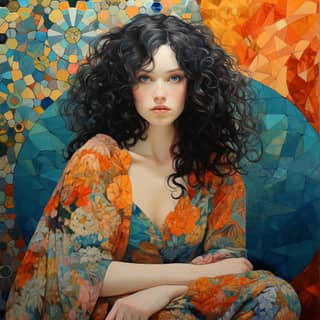 A curly haired woman amidst colorful mosaic art highly detailed illustrations patchwork shapes ivanovich pimenov orange and