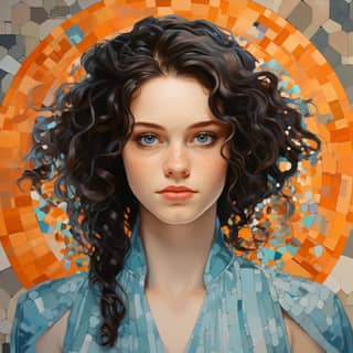 A curly haired woman amidst colorful mosaic art highly detailed illustrations patchwork shapes ivanovich pimenov orange and