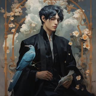 a guy in a black jacket with flowers in his pocket in the style of anime art exotic birds haunting elegance i can't believe