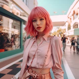 instagramer influencer woman 28 years looks like AITANA pink hair modern outfit in a gucci shop rodeo drive 50mm realistic 8k