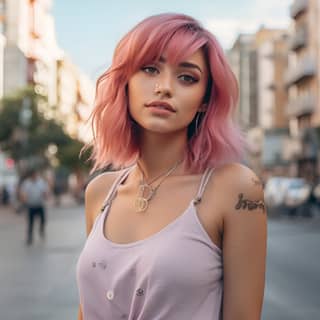 Eine 28-jährige Instagram-Influencerin mit pinken Haaren und Tattoos sitzt auf einer Bank in moderner Kleidung in der Stadt.