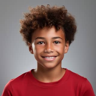 a middle school student boy with curly hair and brown skin wearing a red collared shirt