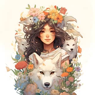 most cute handly drawn disney pixar Princess Mononoke inspired illustration dreamy floral neutral colors