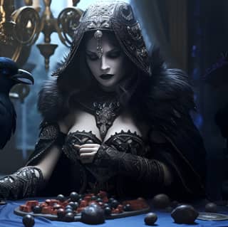 raven playing poker using gemstones, in a gothic costume sits at a table with a raven