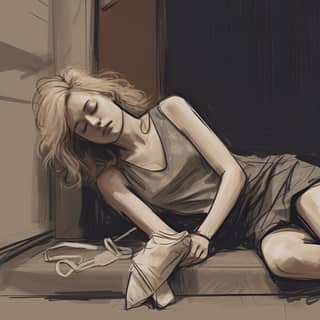 a sketch of a blonde girl falls asleep drunk on the doormat in front of the apartment door