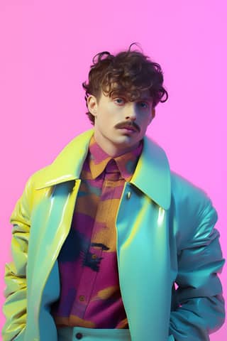 the handsome male model with short curly hair and a thick mustache like tom selleck in the style of rococo pastel hues