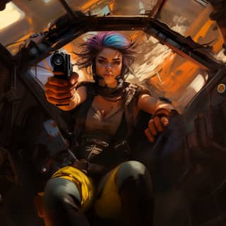 yellow pants, with purple hair holding a gun