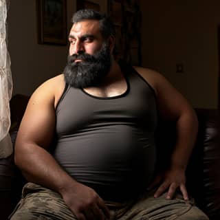 Un Iranien de 40 ans avec une barbe est assis sur un canapé, affichant un ventre gonflé musculaire et énorme.