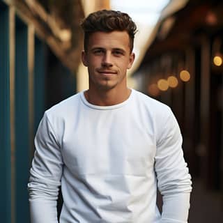 Un homme de 25 ans confiant, heureux et beau, portant une chemise blanche à manches longues unie, posant sur un fond de rue bleue.