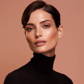 40yo spanish woman short hair away from the face skincare editorial minimal modern editorial rose gold hues and reflections