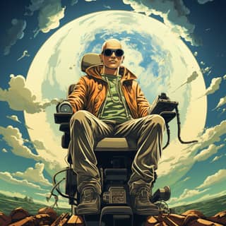 Bald disabled person in sunglasses sitting on top of a mountain in an electric wheelchair.