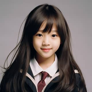 Uma garota fofa com cabelos longos em um uniforme escolar, se assemelhando a um ídolo K-pop quando criança.