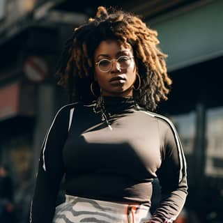 Une femme avec des dreadlocks, un haut noir et une jupe blanche pose dans les rues de Los Angeles, avec un maquillage délicat et portant des bas noirs et des chaussures de sport Puma.