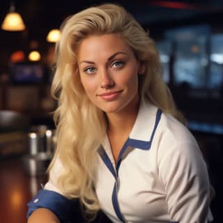 an American waitress at a sports bar 26 years old half-smile flirty pretty dyed blonde cigarette smoker