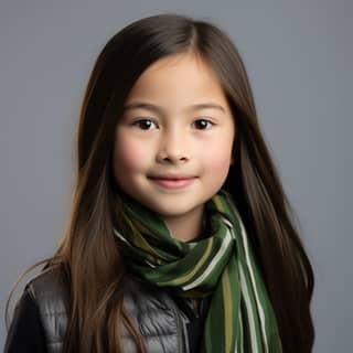 an elementary school student asian girl with long dark blonde hair wearing a green shirt and green and black striped neck