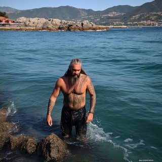 Une personne aux cheveux longs et tatouée se tenant dans l'eau portant un costume d'Aquaman, avec le même visage et un arrière-plan de rochers au premier plan.