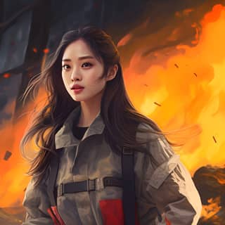 asian female firefighter super realistic high defination, a girl in a fire suit standing in front of a fire