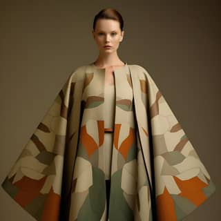 Um modelo veste um casaco oversized com um padrão, caracterizado por pássaros em voo e sombreado multidimensional.