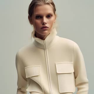 blonde female model wearing a cream knit jacket with flap pockets post-minimalist the row shirt collar full body length
