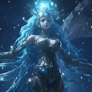 cg render of anime giant goddess with blue hair she is evil in outer space she is wearing a robe in the style of an rpg