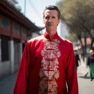 gavin newsom wearing chinese clothes in shanghai, in a red chinese dress standing on a street