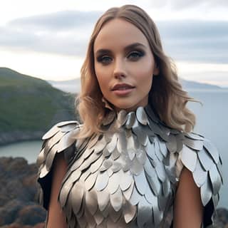 a gown made of dragon scales on a female model in a fjord in norway field fashion photography