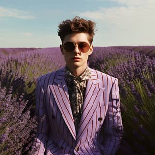 gucci photographer adam phillips stands among lavenders in the style of marcel moore saturated stripes
