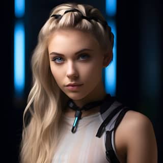 the blonde teen's hair has been braided into a ponytail in the style of unreal engine 5 celebrity portraits with personality