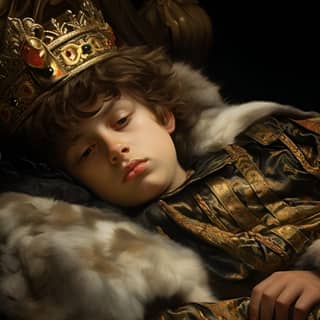 volumetric light, boy in a gold crown is sleeping