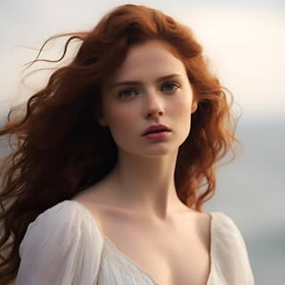 白いドレスを着た赤毛の女性は、優雅さと自信を漂わせています。