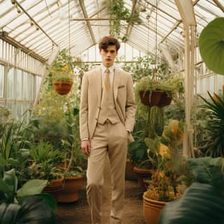 a 20 year old male model standing in a fancy green house surrounded by lots of plants wearing neutral colored spring Paul