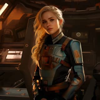 Female Sci-fi Characterin Mandalorian Armor Young Adult Attractive Dirty Blonde Hair in a Ponytail