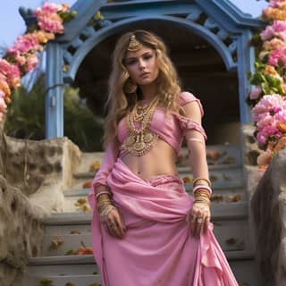 Full body european emotional feminine boy in pink indian saree stomach open long puffy hair big flower wreath massive indian