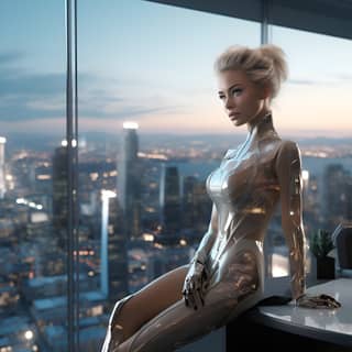 Future AGI humanoid news anchor The background is a huge window with a cyberpunk skyline