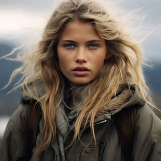 Torvi Helland woman long blonde viking haircut blue eyes hiking jacket
