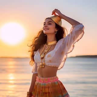 Belle femme en costume traditionnel sur la plage au coucher du soleil.