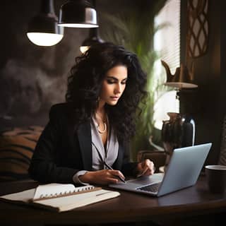 businesswoman with black wavy hair working on notebook sitting in office