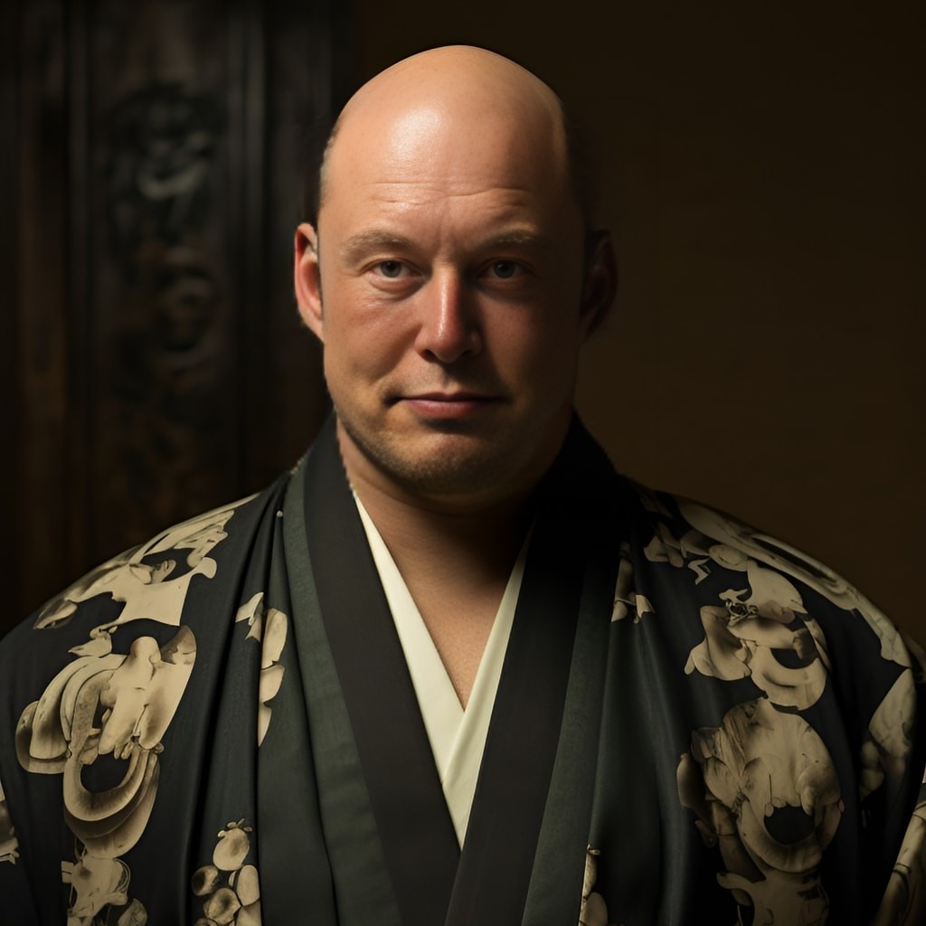 Một người đàn ông hói đầu mặc áo kimono lụa đen với nửa nụ cười và vết sẹo.
