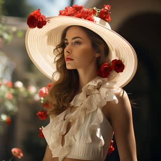 full body side view of brunette with a exquisite hat wearing a red dottet white designer dress attending a garden party in