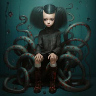 girl merged with octopus legs pop surrealism lowbrow art, a girl sitting on top of an octopus