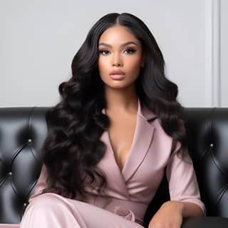 light skinned black women with long hair extensions hair business photoshoot middle part loose curls baby hair edges young
