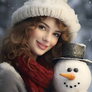 posing with a snowman in the winter in the style of photo-realistic techniques smilecore precise and lifelike photo taken