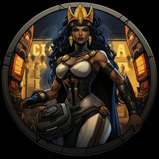 a sleek video game badge with a black queen defending the weak