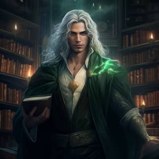 a tall muscular man with long silver hair and green eyes dressed in a magical robe He is standing in a big magical library