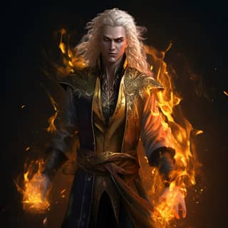 the character is wearing a long coat and holding fire