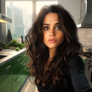 version real 25 years old Beautiful brunette that looks like Salma Hayek & Peneloppe Cruz with green eyes making a selfie in